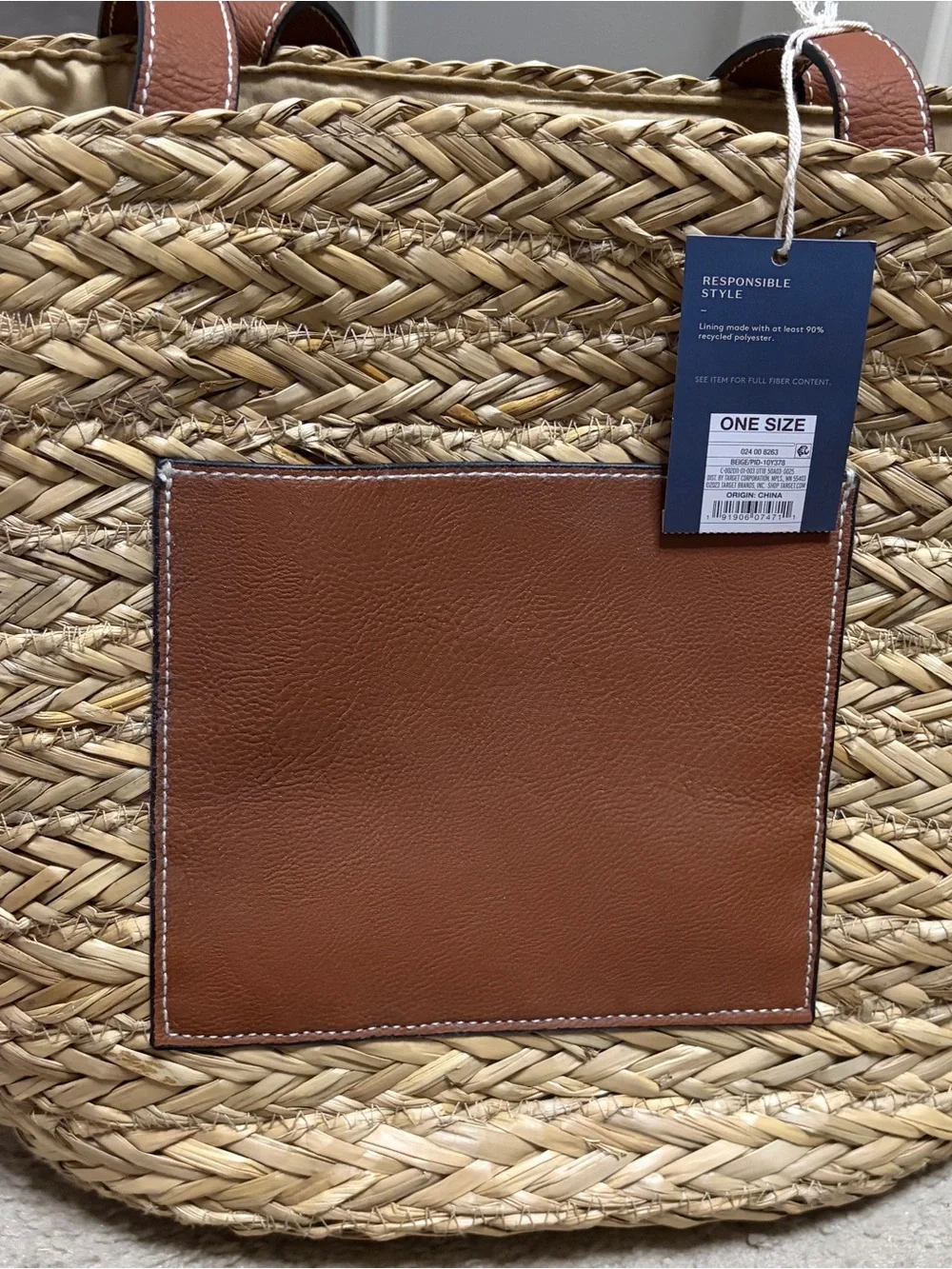 Universal Thread Woven Straw Tote with Brown Leather Trim - Women's Beach Bag